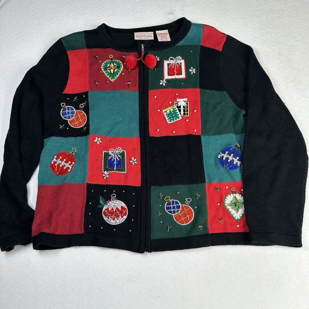 Holiday Ugly Christmas‎ Sweater Cardigan Sz XL Zip Up Ornaments Gifts